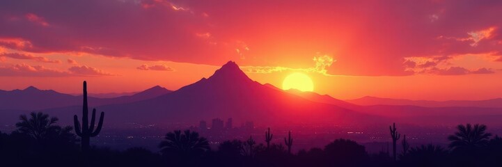 Wall Mural - Camelback Mountain silhouette at sunset, Phoenix skyline visible , horizon, twilight, America