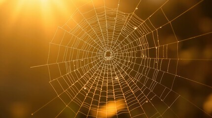 Glowing golden spiderweb with droplets reflects light in a morning nature scene, beautiful.