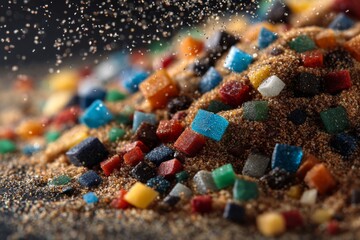 Poster - Colorful crystal blocks piled on sandy surface with falling glitter, creating a festive abstract and textured background