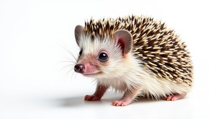 tiny hedgehog isolated on pure white background, dark, single, wild