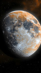 Wall Mural - A celestial body, possibly a moon or planet, with a mix of reddish-orange and greyish-white surface texture, craters, and shadowed regions against a dark space background