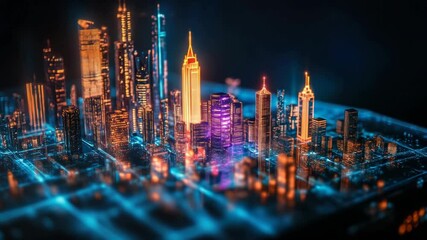 Poster - Smartphone screen displaying a futuristic cityscape with illuminated digital circuits, representing modern technology and innovation