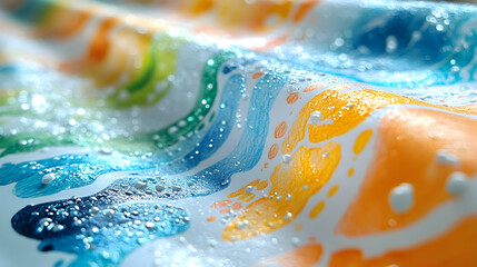 Water droplets on colorful, patterned fabric.  Close-up view of a vibrant, water-resistant material with  intricate design and glossy sheen