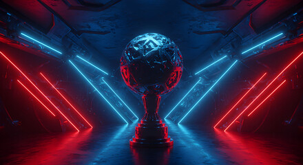 Poster - Futuristic Sci-Fi Sphere Sculpture in a Corridor with Neon Blue and Red Lighting