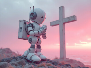 Fototapete - A pink robot is seen in a profile view, its hands clasped in prayer