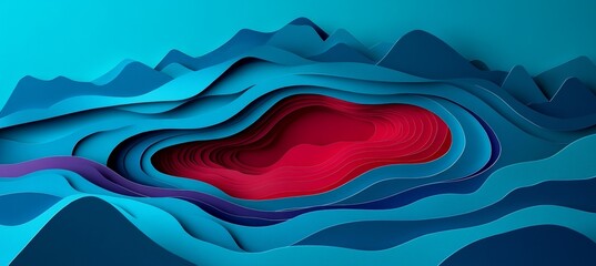 Poster - abstract paper cutout landscape, layered waves of blue, central raspberry canyon, modern art design