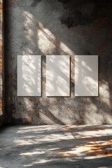 Poster - Set of three blank posters with sunlight on concrete wall indoors