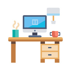 Poster - Office Desk with Computer and Coffee Icon Representing Work Environment and Productivity
