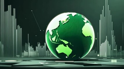 Poster - Green globe rotating amidst futuristic digital cityscape with glowing elements