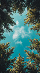 Aufkleber - Looking up at evergreen branches against a vibrant blue sky with fluffy clouds, showcasing nature's serenity and tranquility