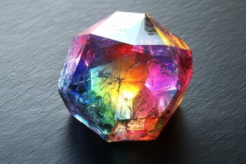 A multifaceted gemstone displays vibrant color combinations.