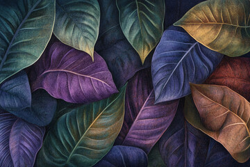 Poster - Close-up of dark-toned leaves with textured surface, showing deep purple, teal, and bronze hues, creating rich and lush appearance symbolizing nature's beauty and tranquility, perfect for design backg