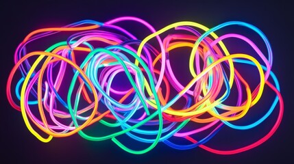 Poster - Bright, colorful neon lines glow against a dark backdrop. The curved and crossed lines make a modern and lively abstract design.
