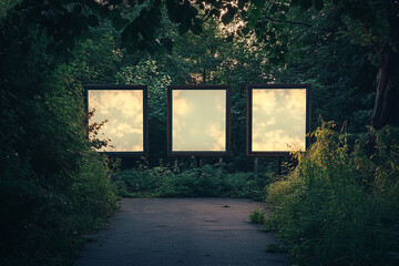 Aufkleber - Three blank billboards stand in a sunlit forest path, showcasing a nature scene mockup ideal for advertisement or text placement