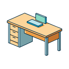 Fototapete - Isometric office desk illustration for workspace design and furniture presentation and decor ideas