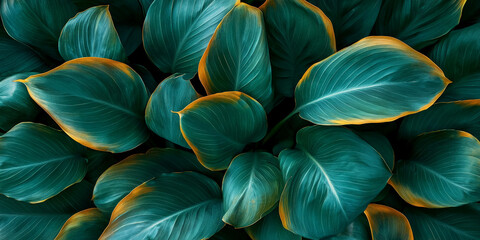 Poster - Dark teal leaves with golden edges create a lush, tropical texture, showcasing natural beauty and serenity, ideal for nature or wellness themes