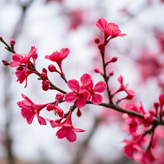 Wall Mural - Vibrant pink blossoms on branch create stunning display of nature beauty, evoking feelings of joy and renewal. delicate petals and budding flowers add touch of elegance to scene