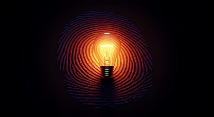 Poster - Light bulb ignites within a detailed fingerprint, symbolizing the birth of a unique idea. Concept of personal creativity and individual innovation being recognized.