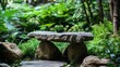 © Ruslan - A stone stand in a green garden or forest. Perfect for showing off natural products in a peaceful, jungle-like setting.