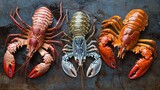 Three colorful lobsters on dark background seafood gourmet food delicious crustaceans cooking recipe