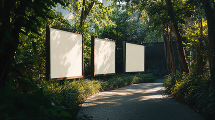Poster - three blank signs in brown frames stand in a leafy garden setting along a stone path, offering free 