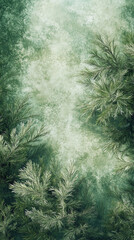 Poster - Green pine branches frame a textured green background, suggesting a serene forest scene, ideal for nature-themed designs or as a calming backdrop