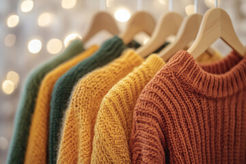 Leinwandbilder - Close-up of textured knit sweaters in autumnal colors hanging on wooden hangers, showcasing warm and cozy apparel, ideal for fall or winter fashion