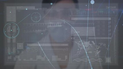 Aufkleber - Scientist analyzing holographic data panels in 3D render, showing glowing charts and DNA helix