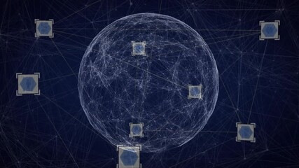 Poster - Digital network being animated in scene, with translucent network sphere and glowing blue hex icons