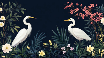 Poster - Two white herons amidst lush greenery and blossoms on a dark background, creating a serene and elegant botanical illustration, ideal for decor or print