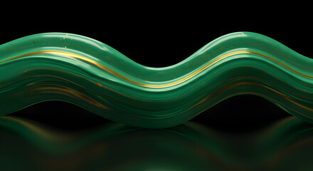 Poster - Abstract Green and Gold Wavy Line on Black Reflective Surface for Modern Backgrounds