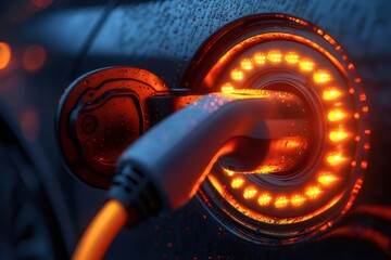 Aufkleber - オレンジ色のLEDライトが輝く電気自動車充電プラグと車のクローズアップ