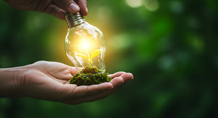 Poster - Hands Holding Light Bulb with Plant Inside Symbolizing Green Energy and Sustainable Growth on Blurred Green Background