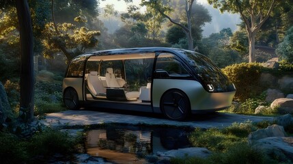 Poster - 緑豊かな森に佇む未来的なデザインの電気自動車 明るい光と影 自然との調和