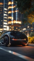 Aufkleber - 未来的デザインの黒い電気自動車 夜の都市の道路に停車 未来的な都市景観の背景 照明付き
