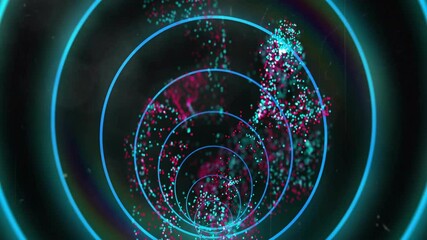 Poster - Digital glowing cyan circles creating tunnel while magenta and turquoise particles drifting inward