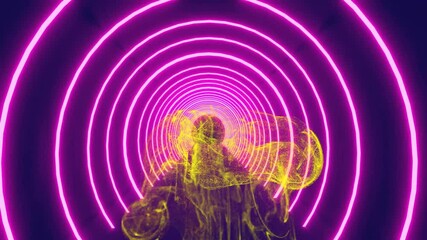 Poster - Yellow particle wave being visualized swirling through neon pink rings, using 3D render style