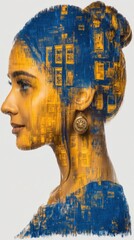 Poster - Abstract Artistic Double Exposure Portrait with Conceptual Overlay in Vibrant Blue and Yellow Colors
