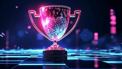 Poster - Futuristic neon trophy with dynamic light movements on digital grid background