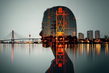 Poster - Artistic Double Exposure Concept Featuring Silhouette and City Landscape with Abstract Elements and Vibrant Colors