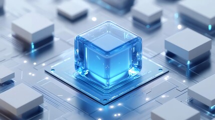 Aufkleber - 透明な青いキューブと正方形のコンポーネントが特徴の近未来的なデジタルデザイン