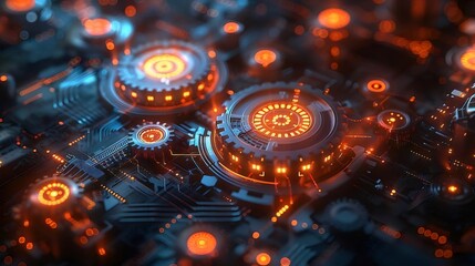 Aufkleber - メカニカルギアと光るオレンジ色の回路基板の抽象的なデザインのクローズアップ