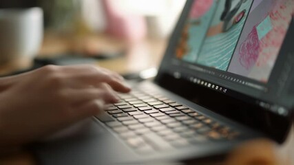 Poster - professional female graphic designer editing photos on laptop, focusing on digital creative work at 