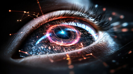 Leinwandbilder - Close up of human eye with digital interface overlay, symbolizing integration of technology and human vision. image conveys futuristic and innovative concept