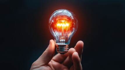 Aufkleber - Hand holds glowing light bulb against dark background, symbolizing creativity and innovation. bulb warm glow contrasts with darkness, highlighting concept of bright ideas