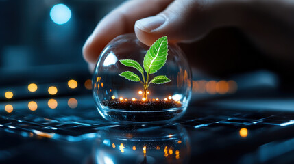 Poster - Small plant growing inside glass sphere is held by hand, symbolizing innovation and sustainability. sphere rests on keyboard, representing fusion of technology and nature