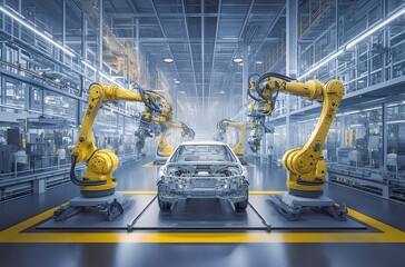 Aufkleber - 自動車製造ラインでの黄色いロボットアームとフレーム 車体の内部のクローズアップ 明るい環境の産業コンセプト