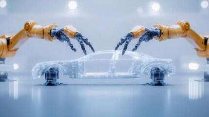 Aufkleber - 自動車製造工程を示すロボットアームと未来的な車両構造 青い背景のデジタル技術による組み立て