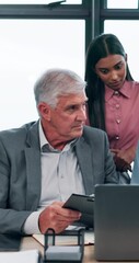 Aufkleber - Business people, teamwork and laptop in office, planning for financial report and conversation. Group, accounting and employees in workplace, pc and clipboard for profit growth and revenue review