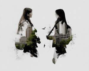 Poster - Duality of Inspiration: Artistic Double Exposure Portraits Representing Connection and Imagination in Urban Settings